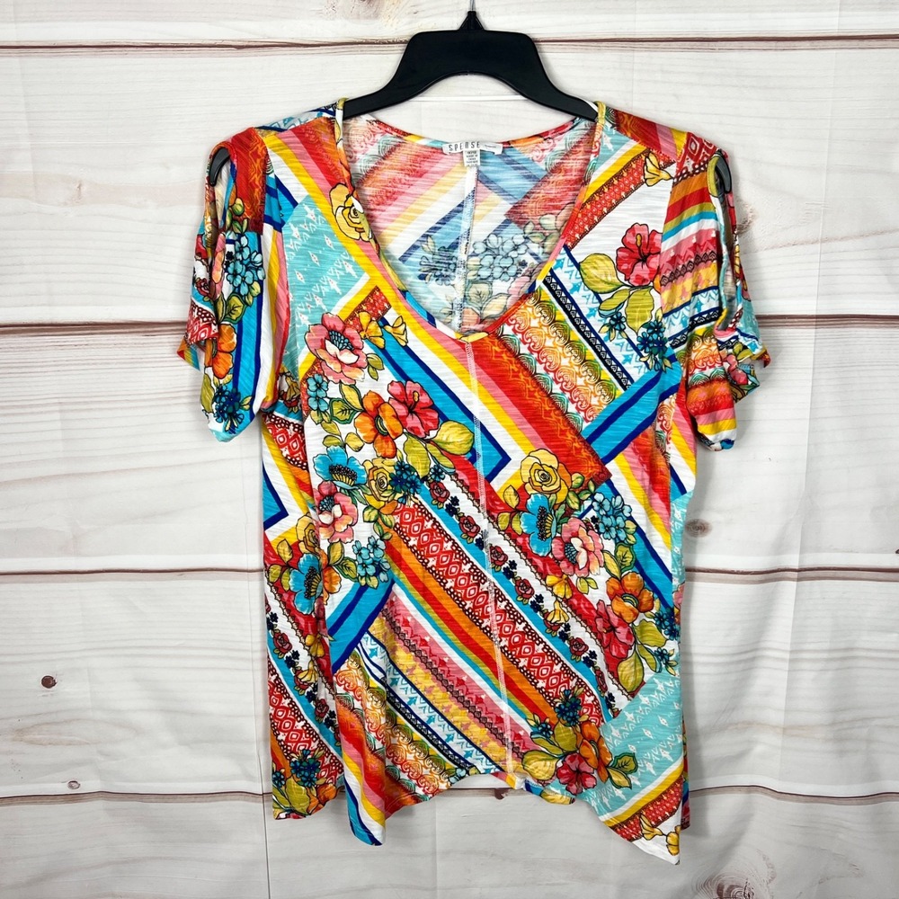 Spense Top Womens 1X Multicolor Floral Geometric Blouse Knit Scoop Neck Colorful